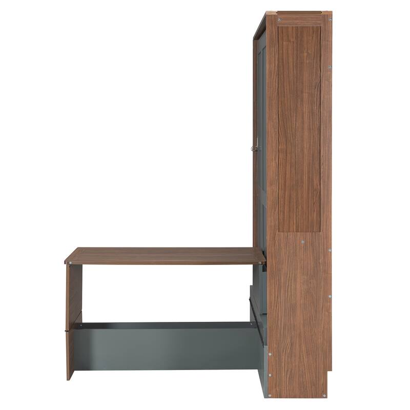 Space-Saving Full Size Murphy Bed with Foldable Desk in Walnut & Gray