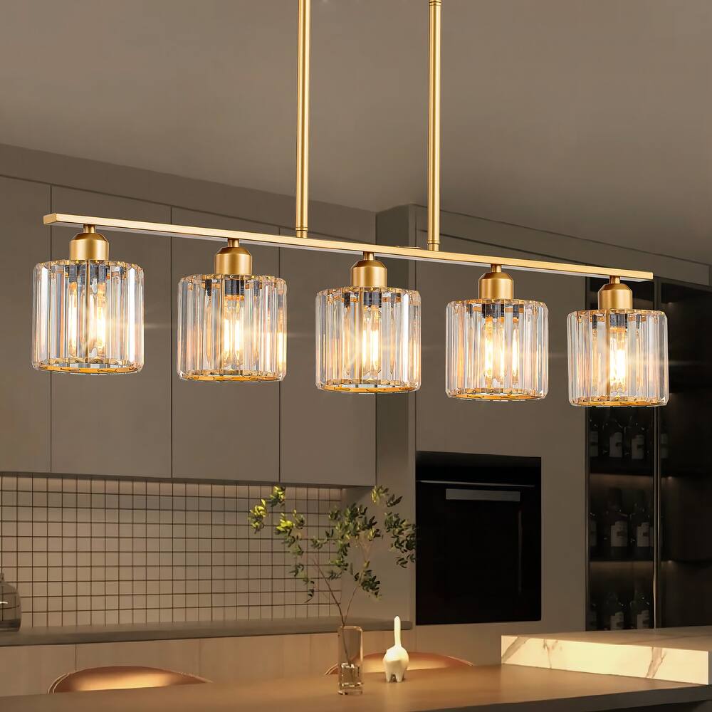 Starsky 5-Light Modern Glass Crystal Chandelier Cluster Linear Kitchen Island Light with Cylindrical Shade