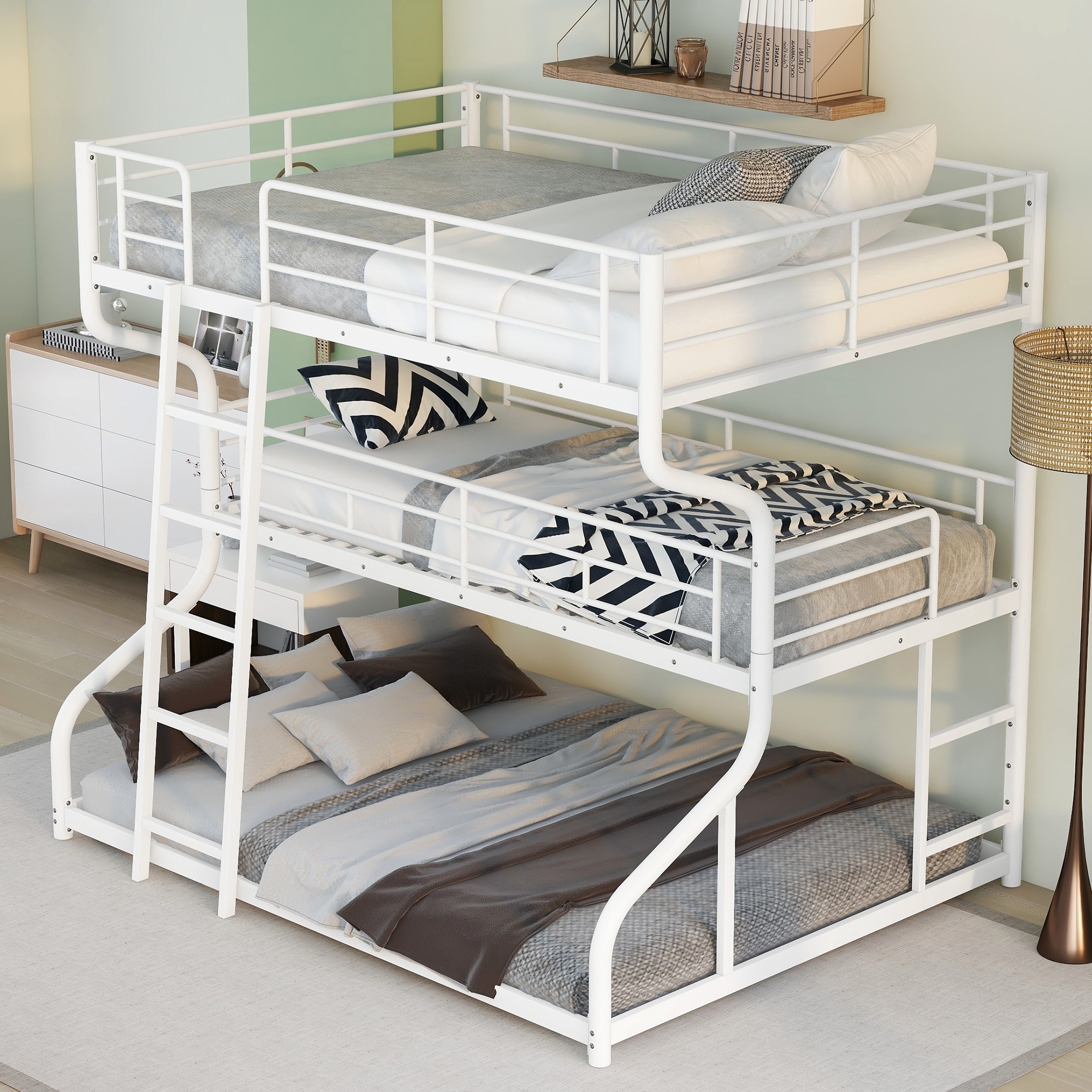 Metal Triple Bunk Bed for 3 with Sturdy Slat Support
