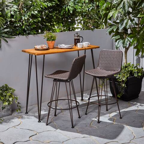 Penley Outdoor Modern Industrial 3 Piece Acacia Wood Bar Set by Christopher Knight Home