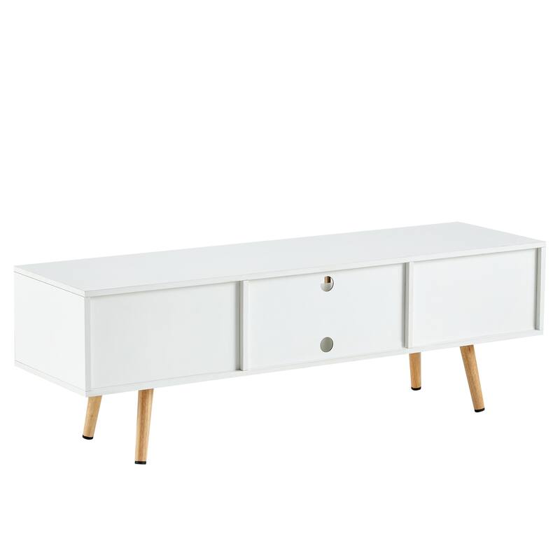 Modern Rattan Woven TV Stand with Adjustable Shelves, Solid Wood Legs, and Sliding Doors.