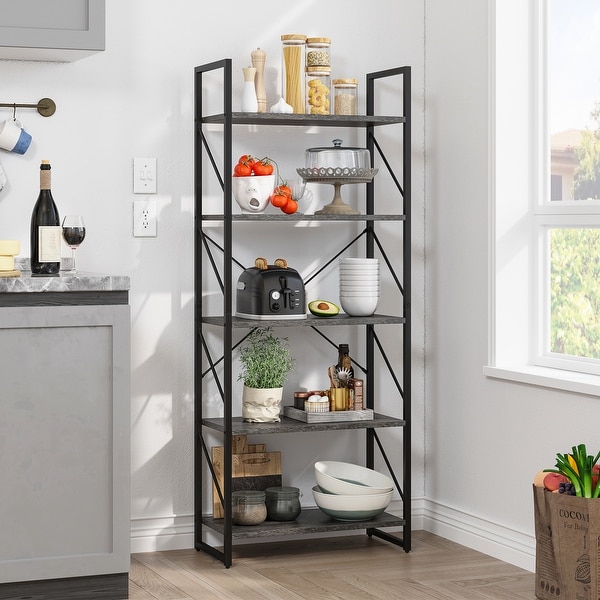 Wedealfu Inc Roul Wood 5 Tier Bookshelf Industrial Artsy Grey Bookcase Books Holder Organizer