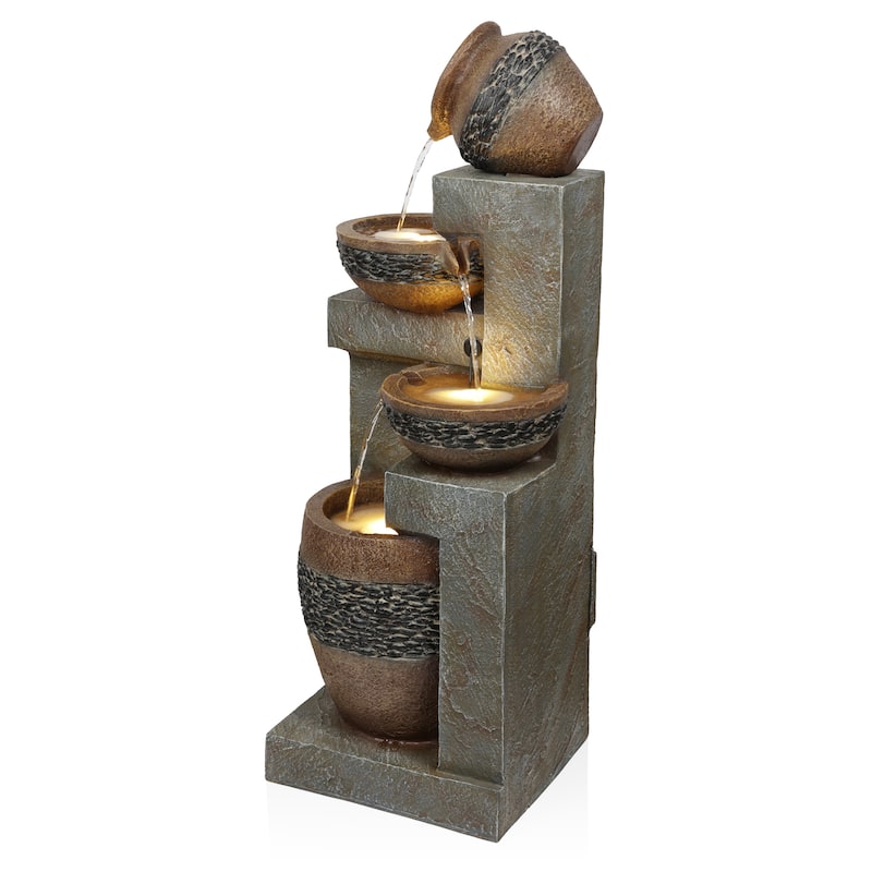 4 Tier Pots with Stones Fountain with LED Lights