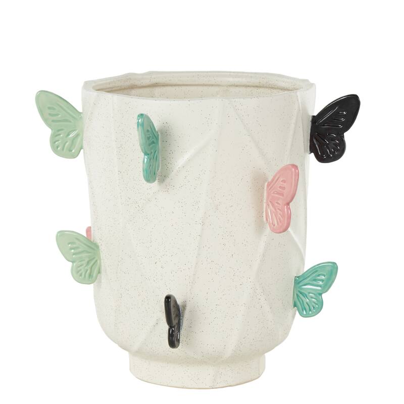 White Ceramic Wide Butterfly Decorative Vase with Multicolor Accents