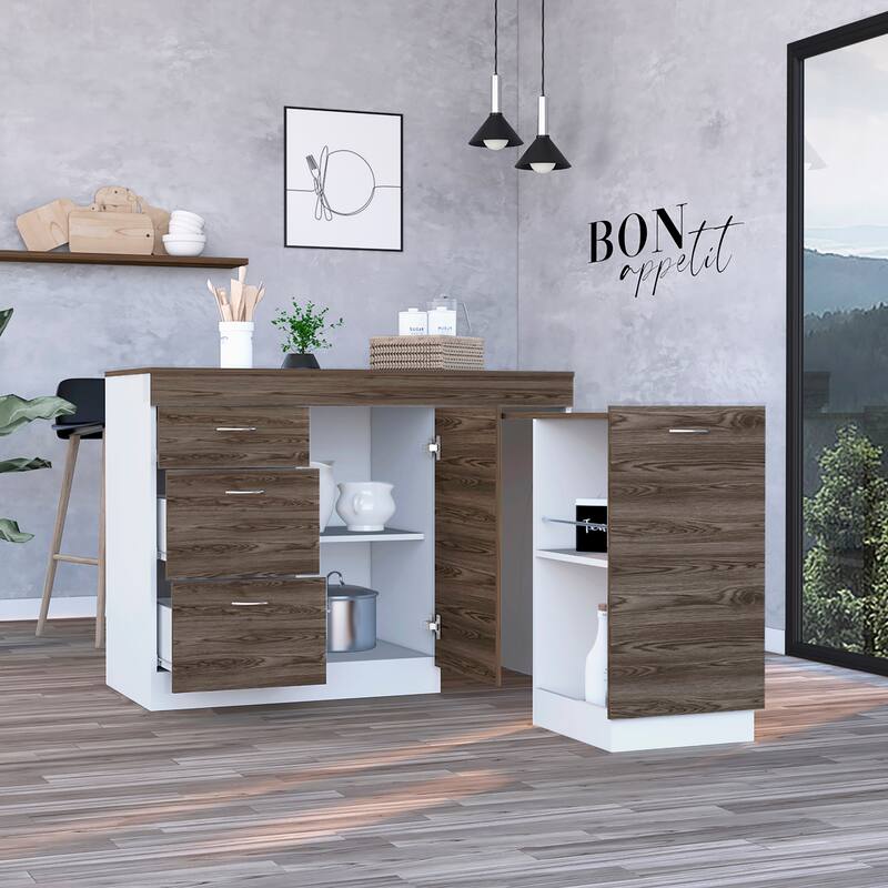 Kitchen Island for Kitchen, Dining Room, White / Dark Walnut