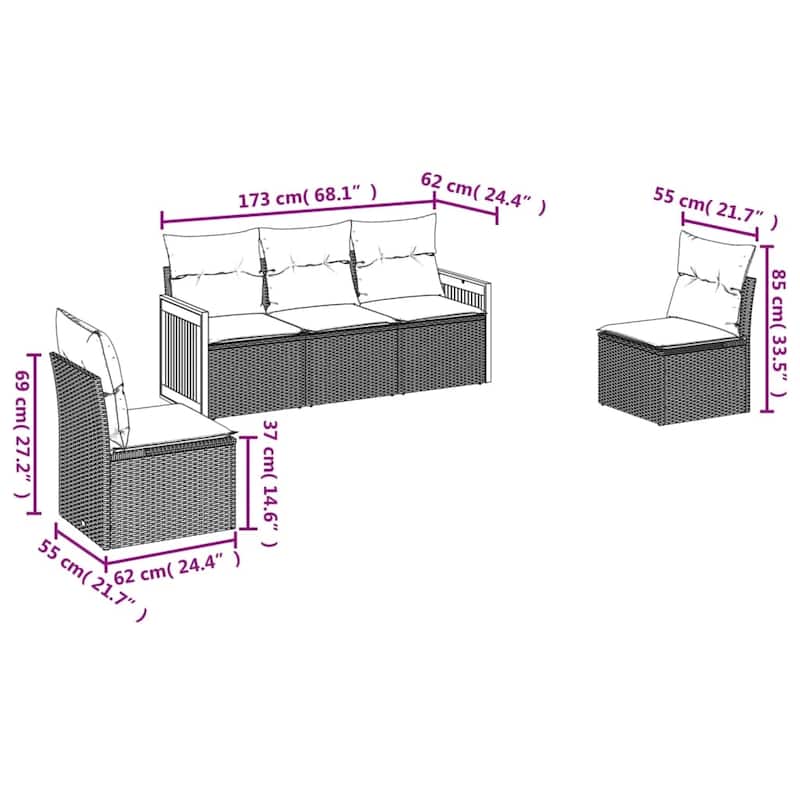 vidaXL 5 Piece Patio Sofa Set with Cushions Black Poly Rattan