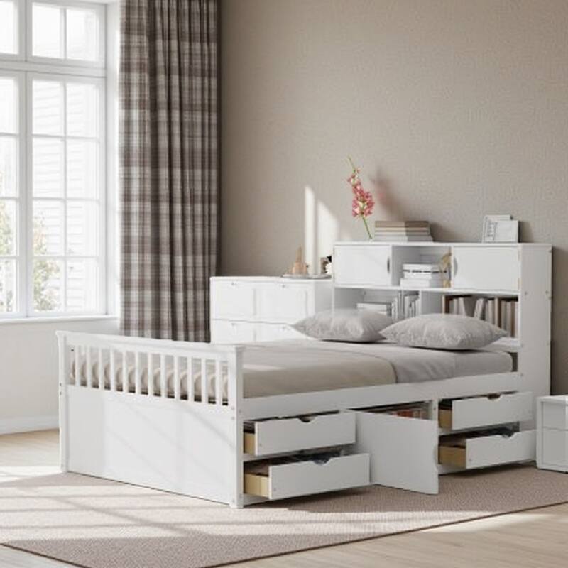 Full Size Platform Bed with Bookcase Headboard, 4 Storage Drawers & Adjustable Underbed Shelves, No Box Spring Needed, White - White