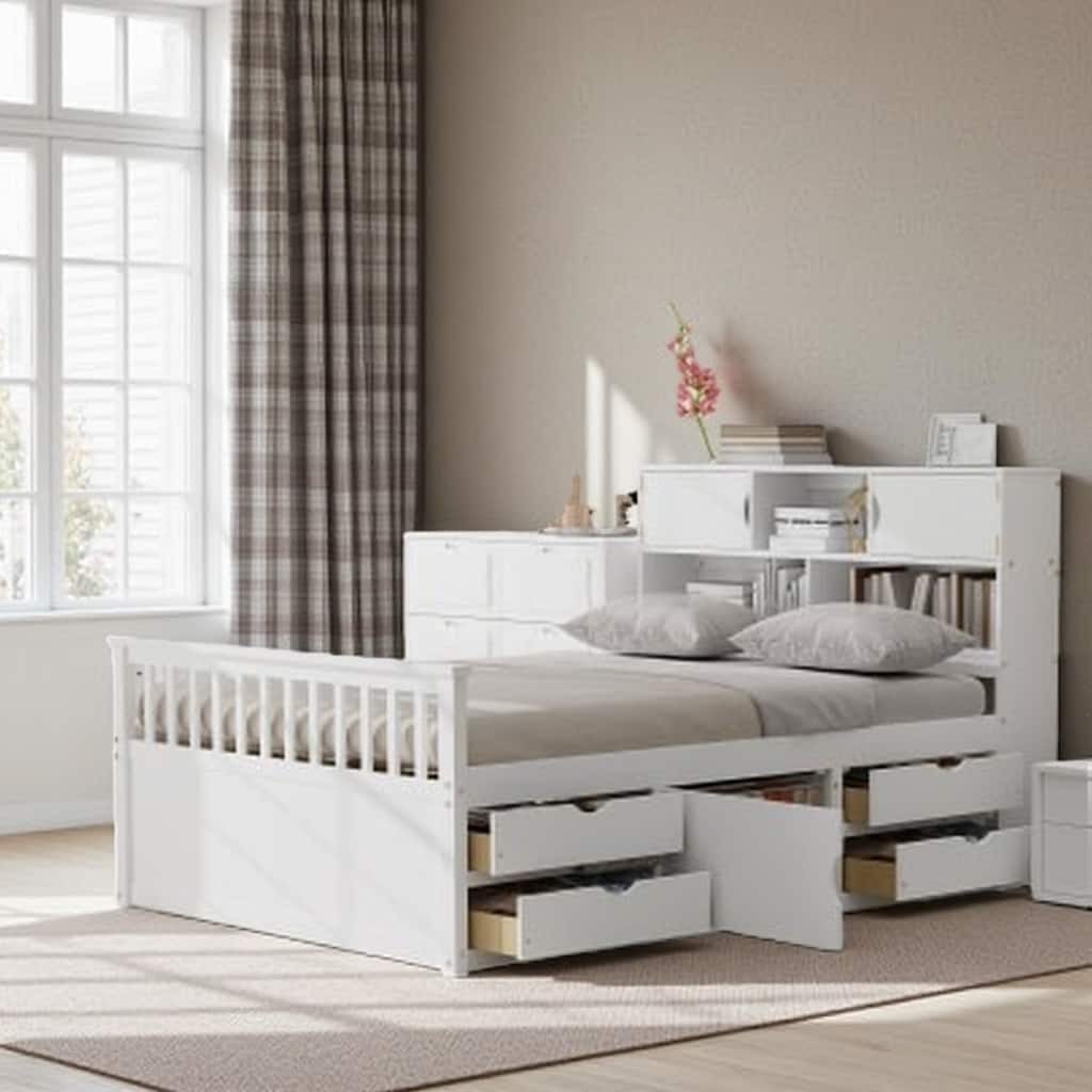 Full Size Platform Bed with Bookcase Headboard, 4 Storage Drawers & Adjustable Underbed Shelves, No Box Spring Needed, White