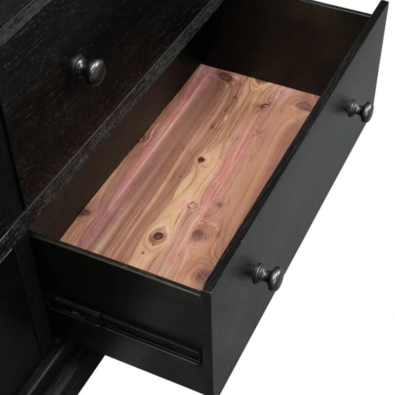 Ginie 64 Inch Dresser, 5 Drawers and Farmhouse Legs, Black Brown Oak