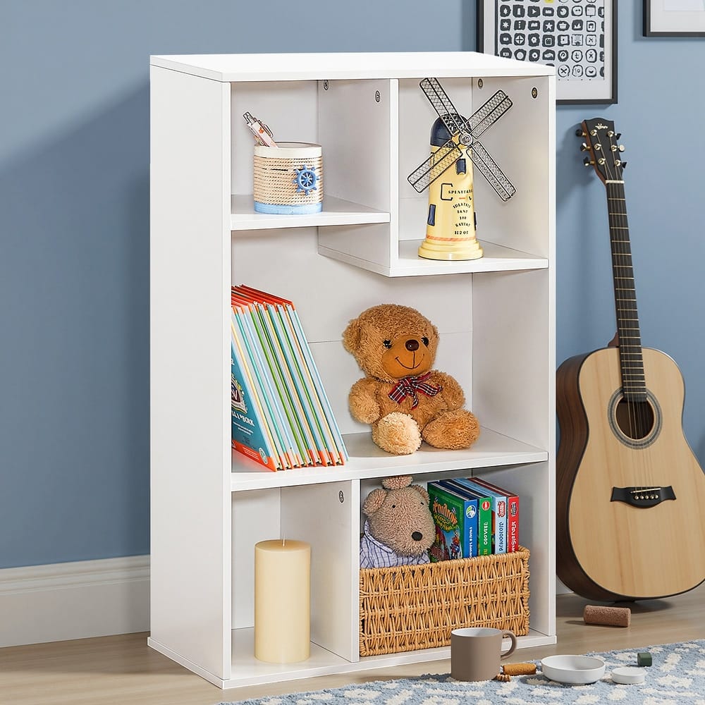 VECELO Widened Version, 3-Tier Five Open Cube Wooden Bookcase Organizer, Bookshelf, Book Storage