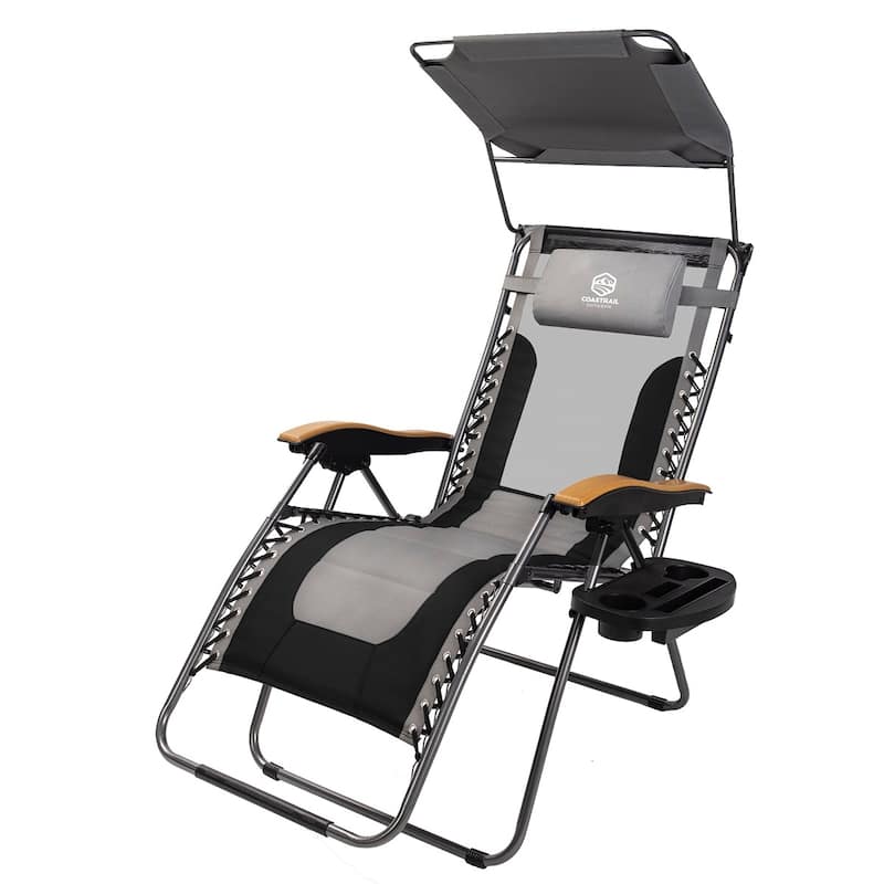 Set of 2 Folding Reclining Lounge Chair, Outdoor Zero Gravity Recliner W/Side Tray & Detachable Headrest Pillow
