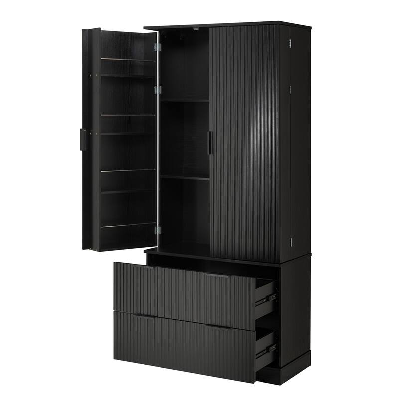 72" Modern Fluted Kitchen Pantry Cabinet with 2 Large Drawers and 8-Door Spice Rack