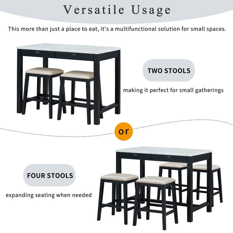 3 Pcs Counter Height Dining Table Set, Breakfast Nook Table Set for 2, Marble Table with Storage Drawers and 2 Padded Stools