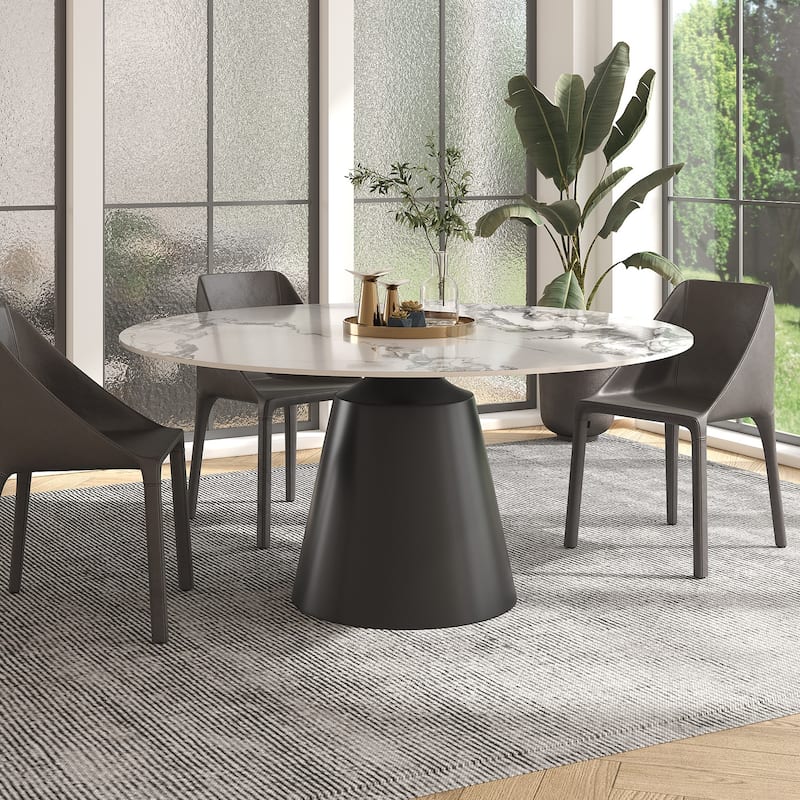 Modern Round Rock Slabs Black Titanium Stainless Steel Pedestal Dining Table