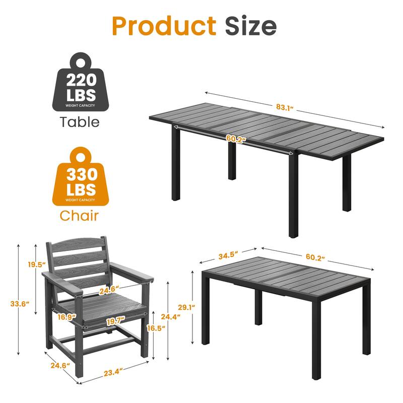 5-Piece HDPE Outdoor Extendable Dining Set with 4 Chairs – All-Weather Patio Furniture - N/A