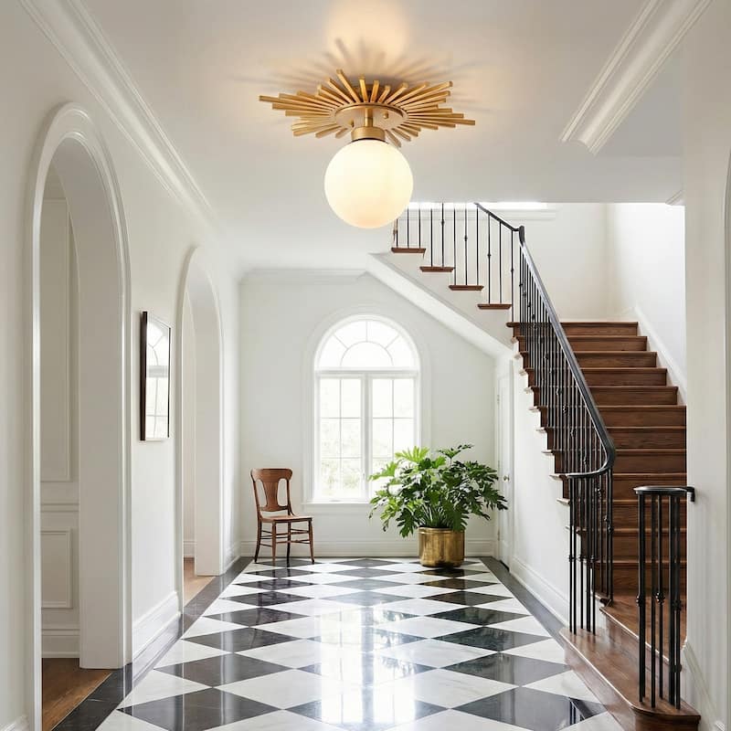 18" Modern Brass 1-Light Glass Globe Semi Flush Mount Ceiling Light