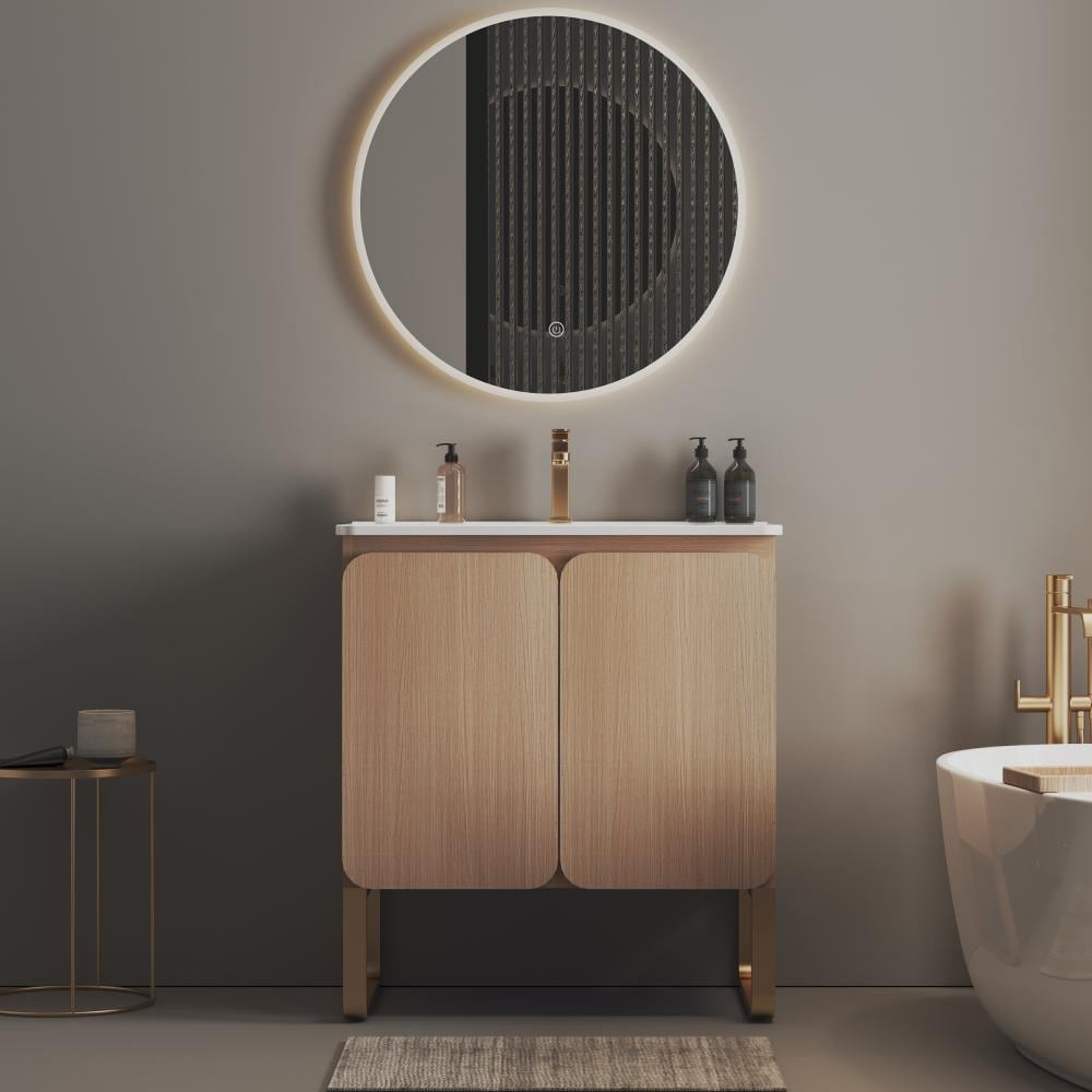 Freestanding Light Wood Bathroom Vanity with Ceramic Sink Wood Finish Single Vanities Light Oak