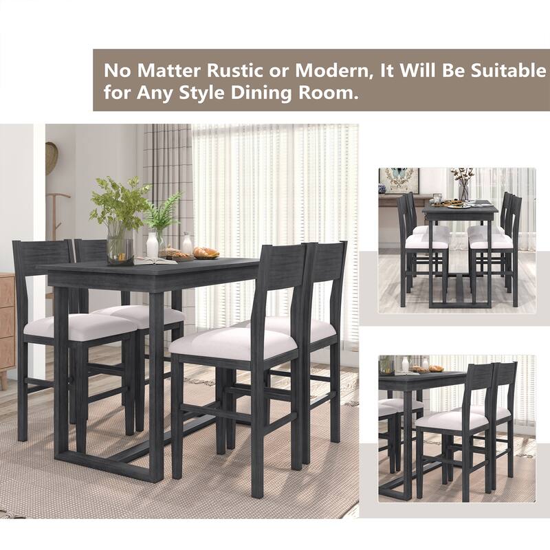 Counter Height 5-Piece Dining Table Set, Kitchen Table Set with Wood Texture Table and Cushioned Chairs - Gray