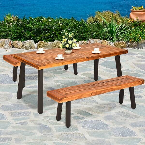Shop Gymax 3 Pcs Picnic Dining Table Set Acacia Wood Rustic Metal W Umbrella Hole Overstock 30930794