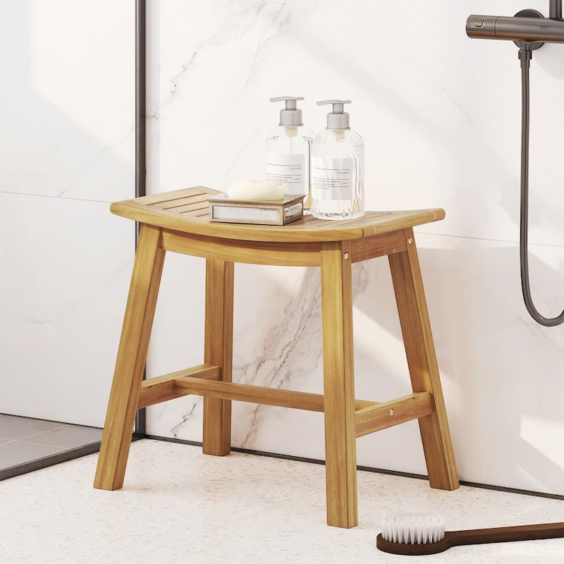 Gymax Shower Bench Teak Wood Shower Stool w/ Curved Seat Waterproof