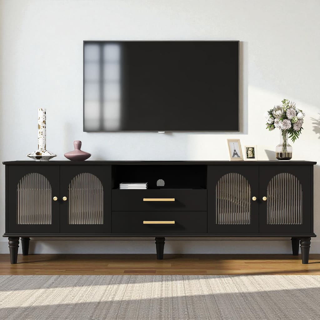 68.9'' Retro TV Stand for 75 Inch TVs, Media Console with Fluted Glass Doors, 2 Drawers & Solid Wood Legs for Living Room