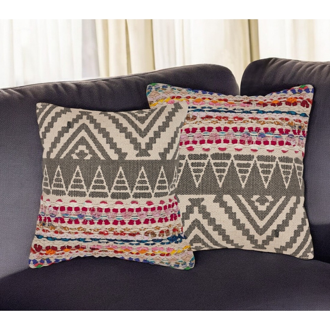 Set of Two Gray Chevron Cotton Throw Pillow