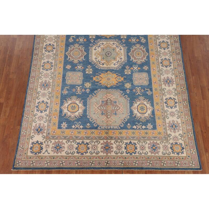 Blue Geometric Kazak Oriental Rug Handmade Traditional Wool Carpet - 6'8" x 10'0"