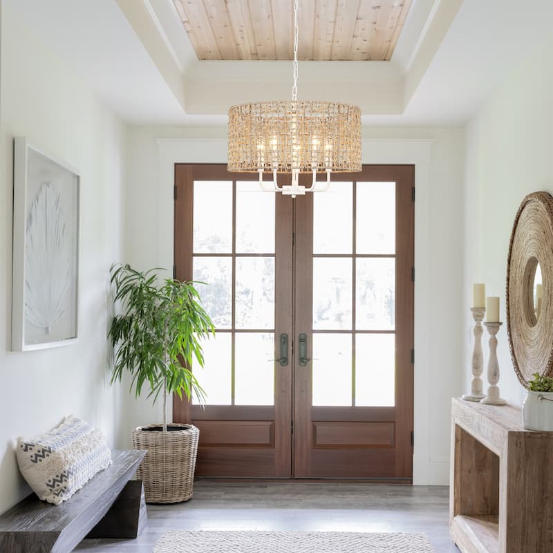 5 - Light Dimmable Drum Chandelier Natural Rattan Bohemian & Coastal Pendant - 18.9 in
