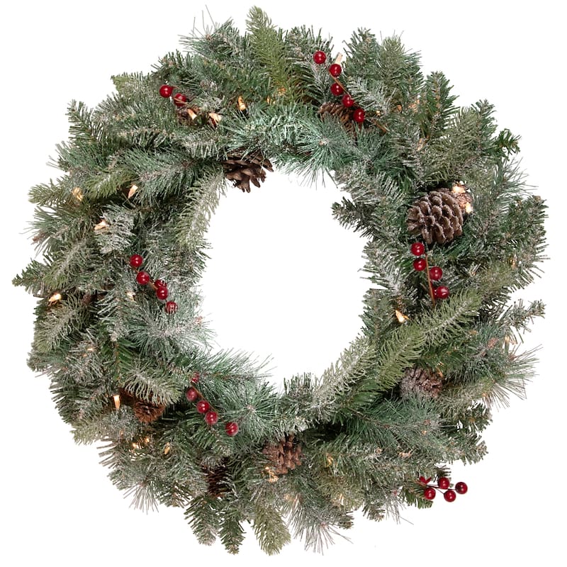 Snowy Waterloo Pine Artificial Christmas Wreath 24-Inch, Clear Lights