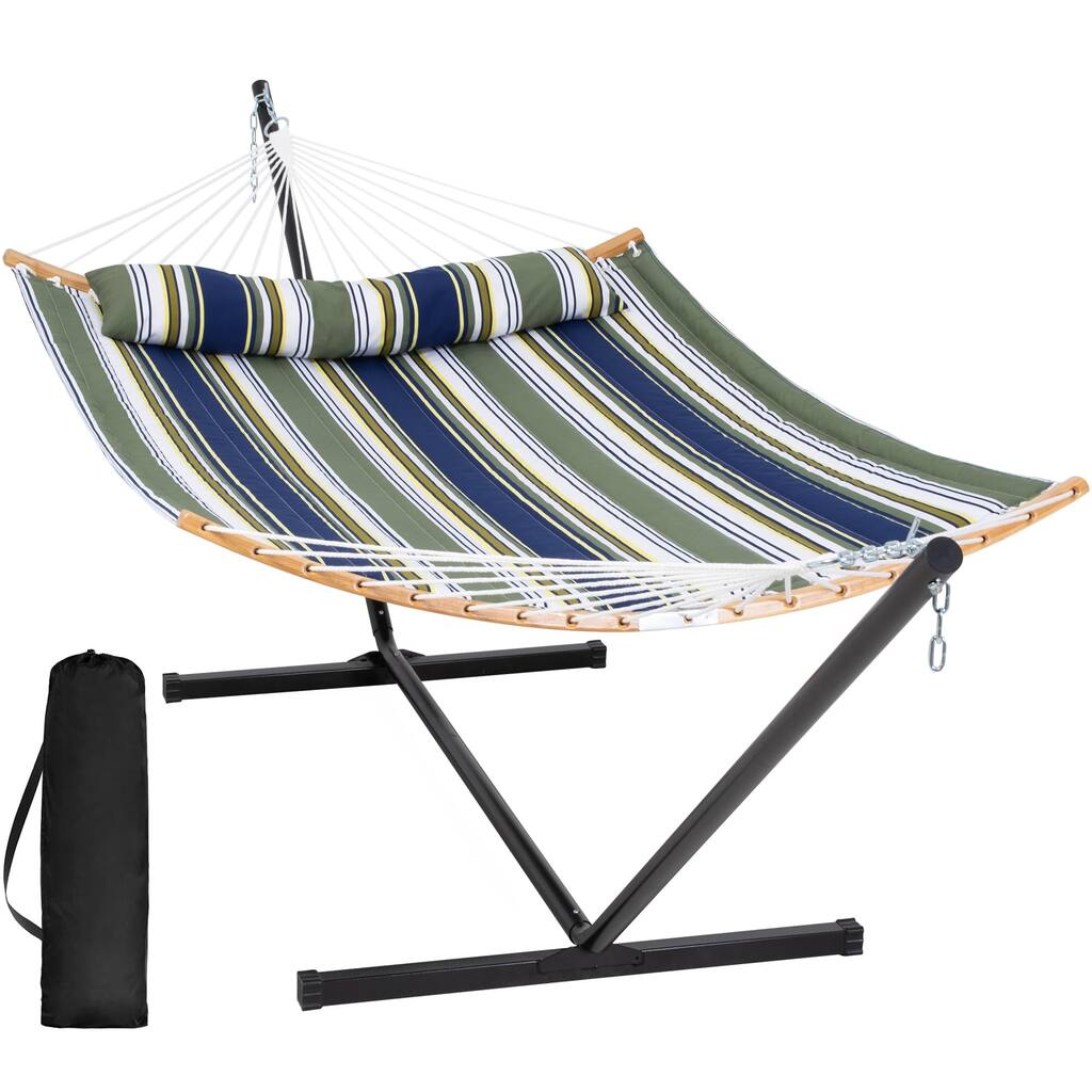 Hammocks for Outside with Stand Included, Double Hammock with Curved Spreader Bar, Carrying Bag, Dark Green Stripes