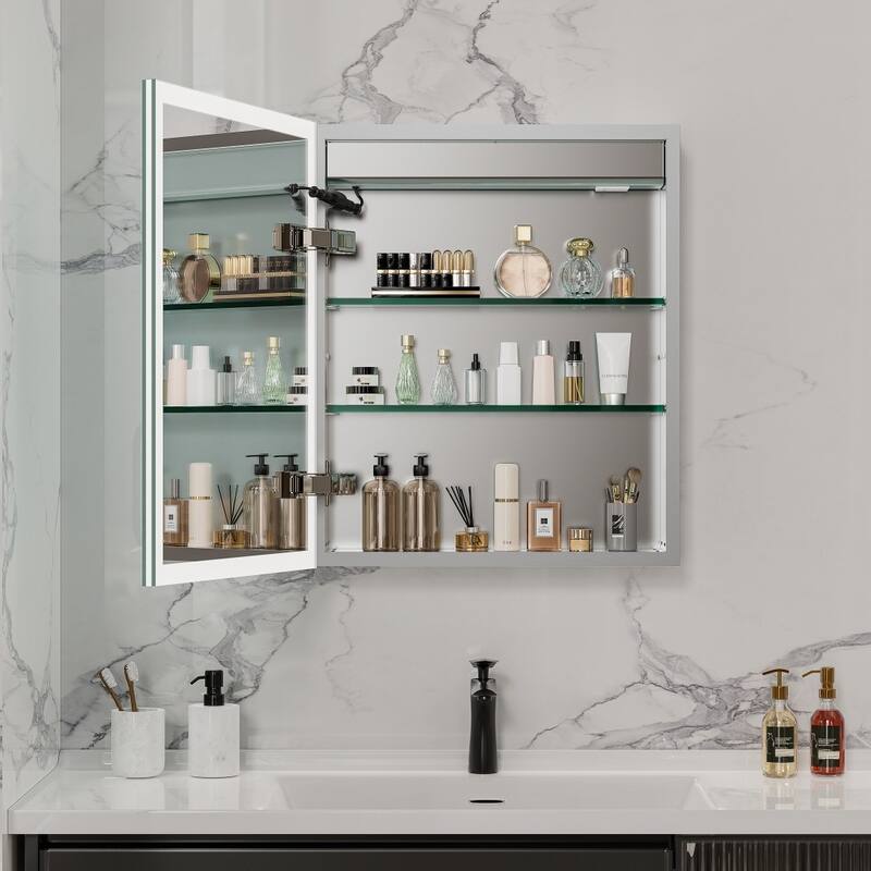 Illuminated LED Wall Mirrored Bathroom Storage Medicine Cabinet with Shaver Socket Bluetooth Anti-Fog Lighted Mirror Cabinet