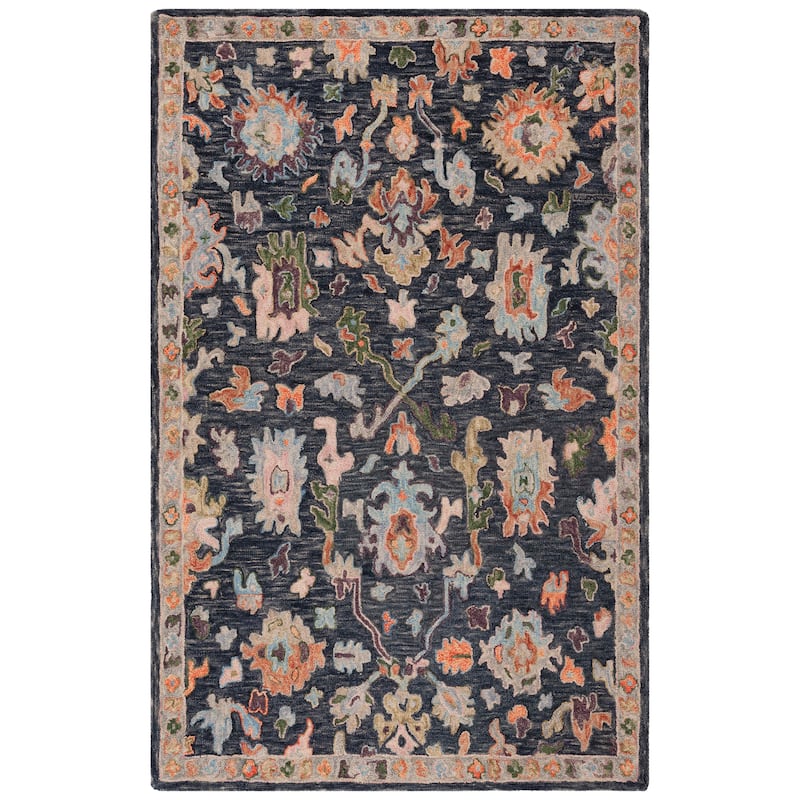 SAFAVIEH Handmade Blossom Duska French Country Floral Wool Rug - 6' Square - Dark Grey/Sage