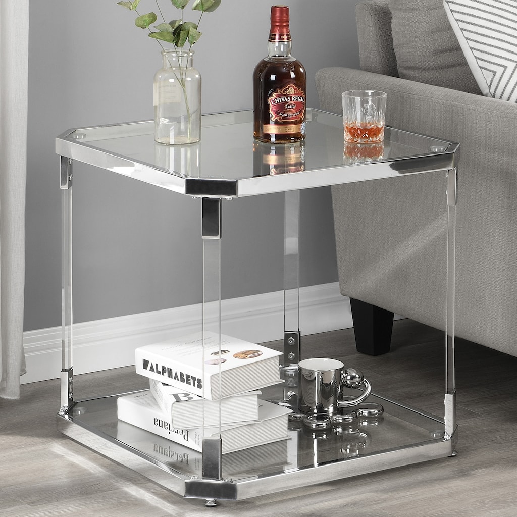 Saziye Modern Square Glass End Table with Storage Shelf