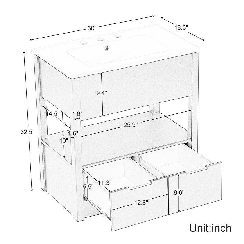 30" Bathroom Vanity with Sink Top, Bathroom Cabinet with Open Storage Shelf and Two Drawers