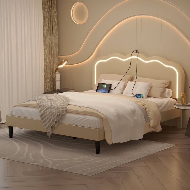 VECELO Upholstered Bed Frame with Headboard Adjustable,LED Lights, USB-A & Type-C,Velvet Platform Bed No Box Spring Needed - Beige - Full