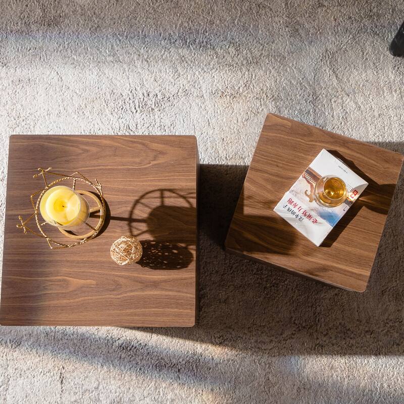 MDF Modern Nesting Imitation Wood Grain Coffee Table, Cube Side Table, Set for Small Space Living Room Bedroom-Set of 2