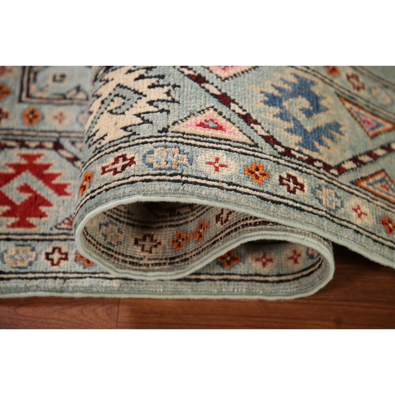 Geometric Kazak Rug Hand-Knotted Blue Wool Carpet - 3'3"x 4'11"