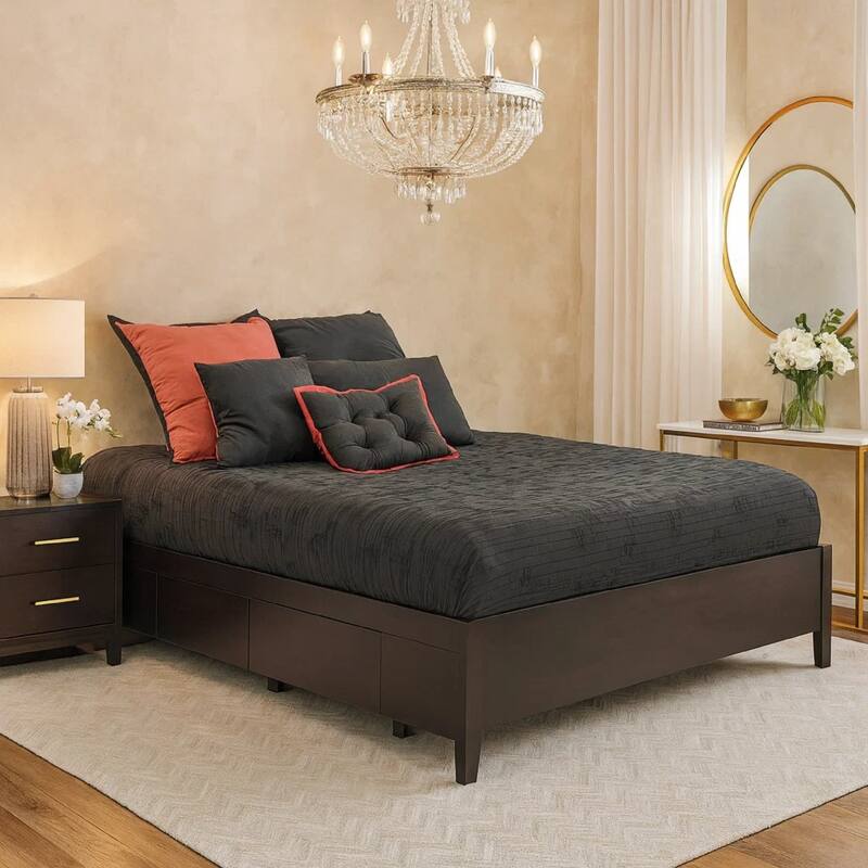 Klio King Size Bed, 4 Storage Drawers, Low Profile, Dark Brown Mahogany