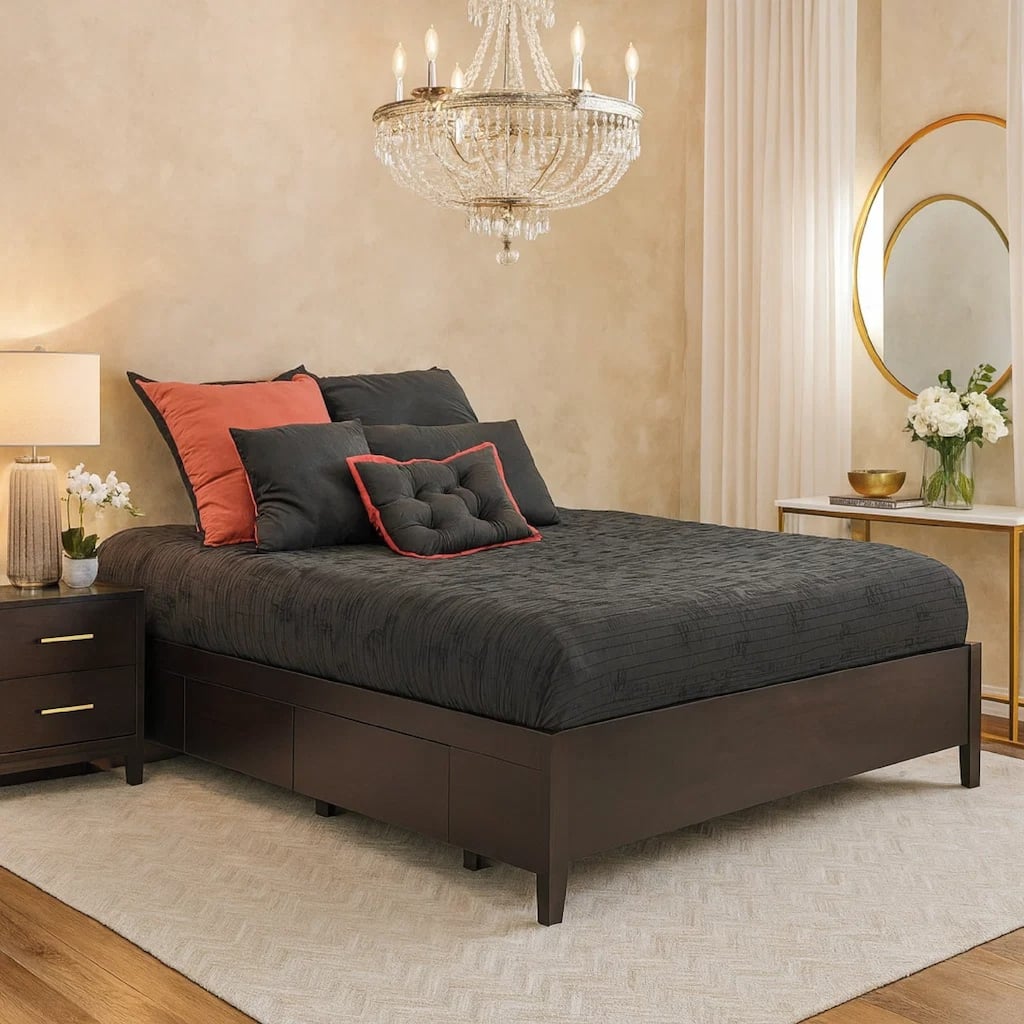 Klio King Size Bed, 4 Storage Drawers, Low Profile, Dark Brown Mahogany