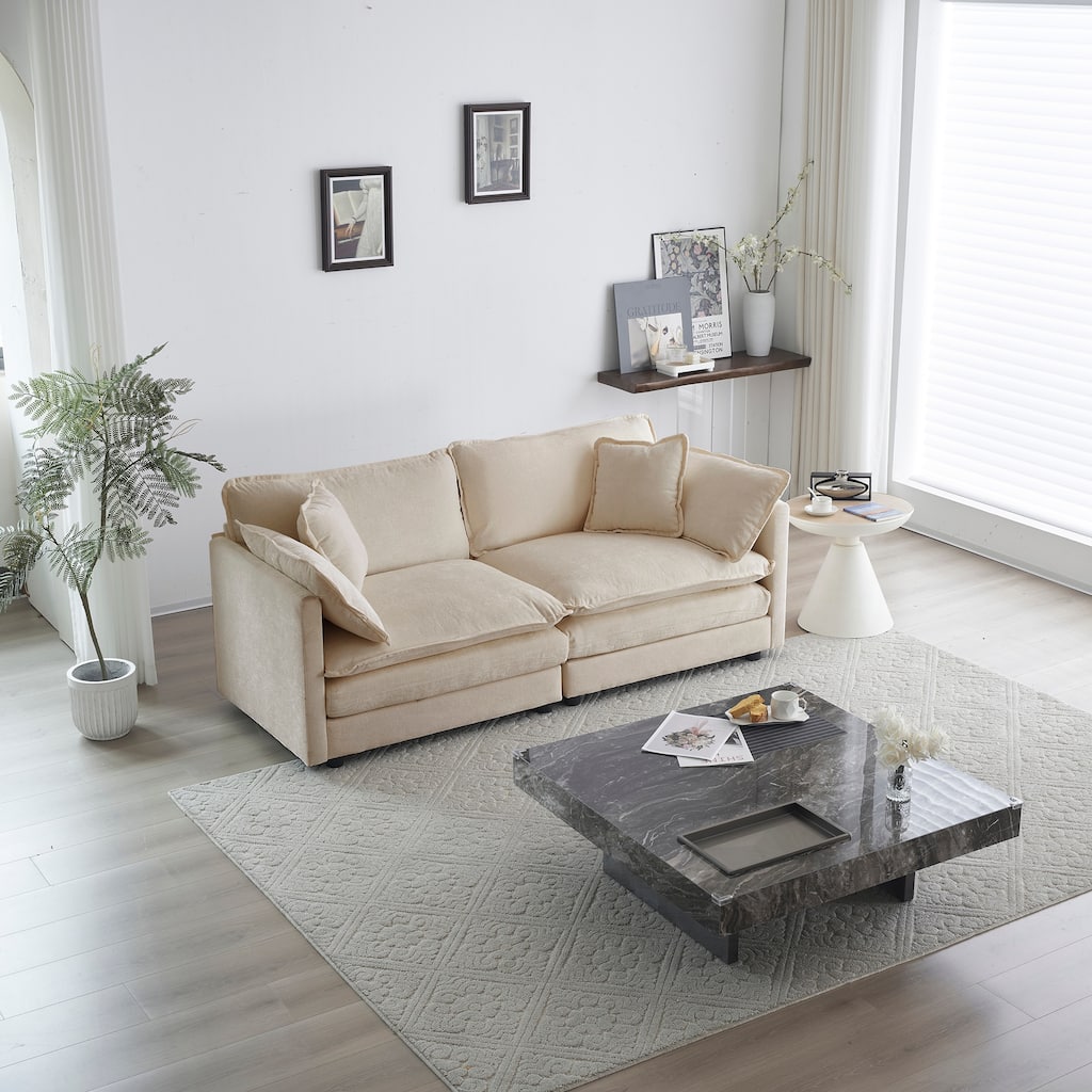 2-Seat Beige Chenille Loveseat Sofa with 4 Cushions, Deep Seat Sofa for Living Room, Modern Upholstered Couch