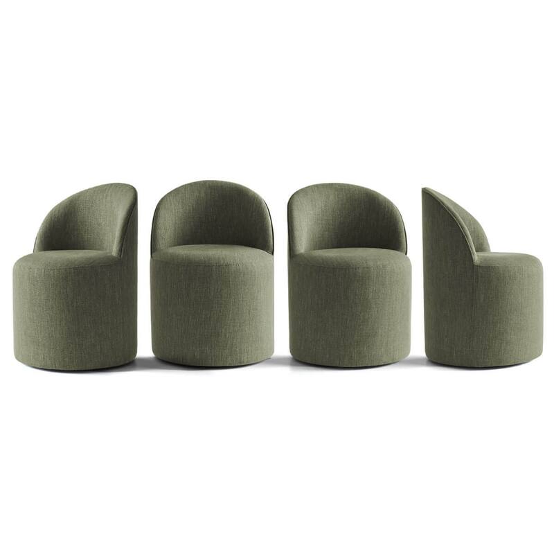 Upholstered Barrel Linen Dining Chair with Casters(Set of 4)