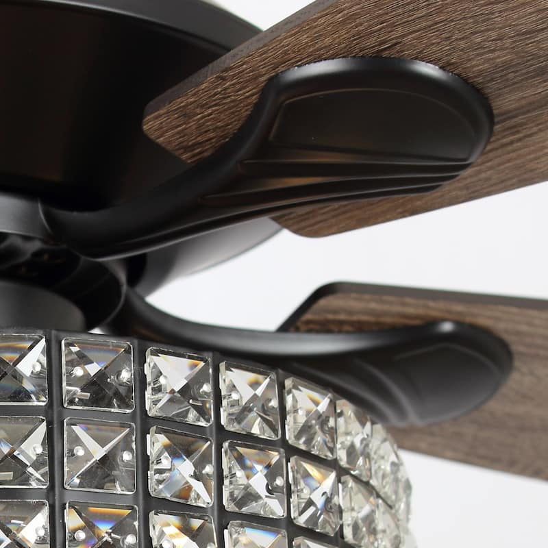 52-inch Matte Black Modern Crystal Downrod Mount Fandelier Ceiling Fan with Light and Remote