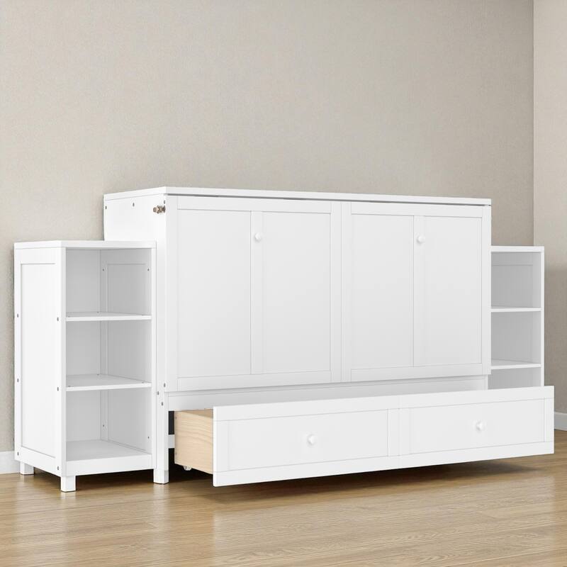 Full/Queen Size Murphy Bed with Storage Drawers and Shelves, Space-Saving Foldable Wall Bed for Guest Room - White - Queen