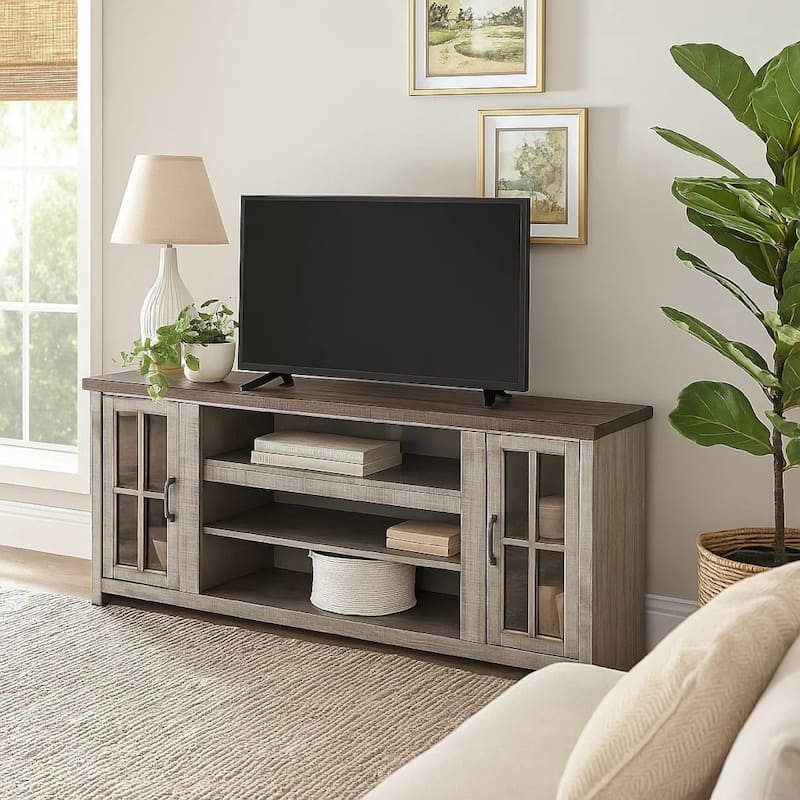 Leyla TV Stand Media Cabinet, 2 Doors, Shelves, Gray-Brown Wood 76 Inch