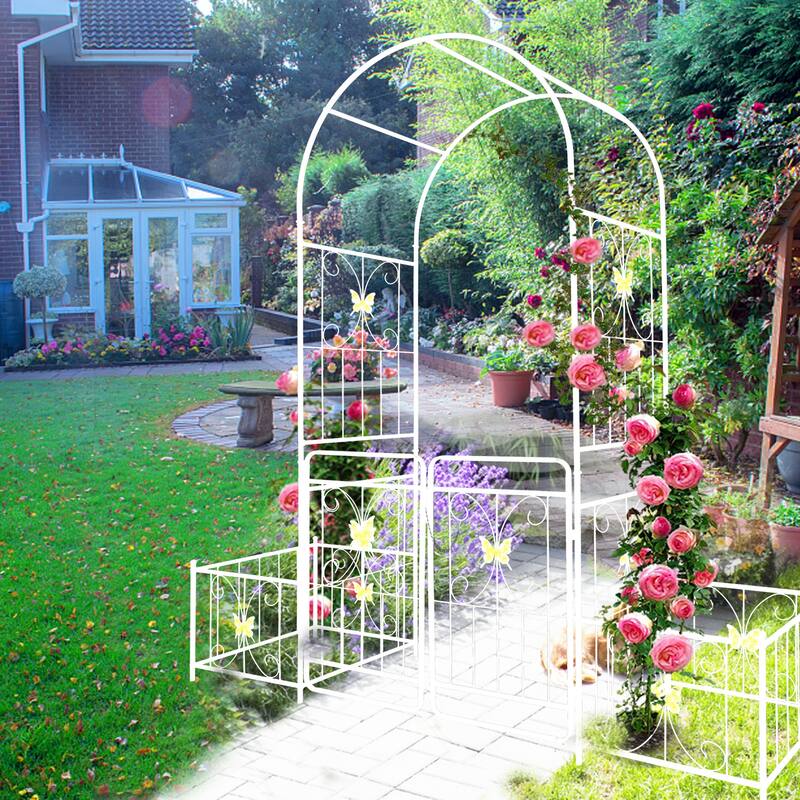 Metal Garden Arch with Gate 79.5'' Wide x 86.6'' High Climbing Plants Support Rose Arch Outdoor Cream - Creamy White