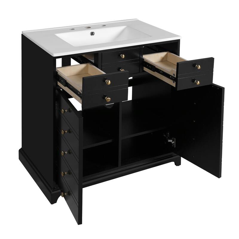 Bathroom Vanity with Ceramic Sink Combo,Solid Wood Frame,Freestanding Vanity Set with 2 Drawers& Soft Closing Doors