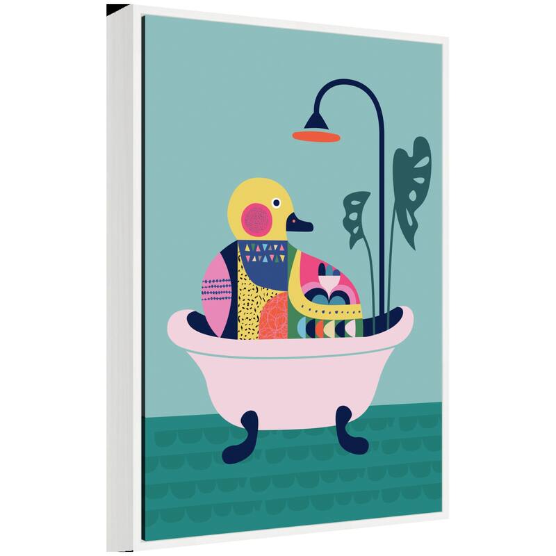 Kate and Laurel Sylvie Modern Teal Little Duckie in Bathtub Framed Canvas by Rachel Lee - 23x33