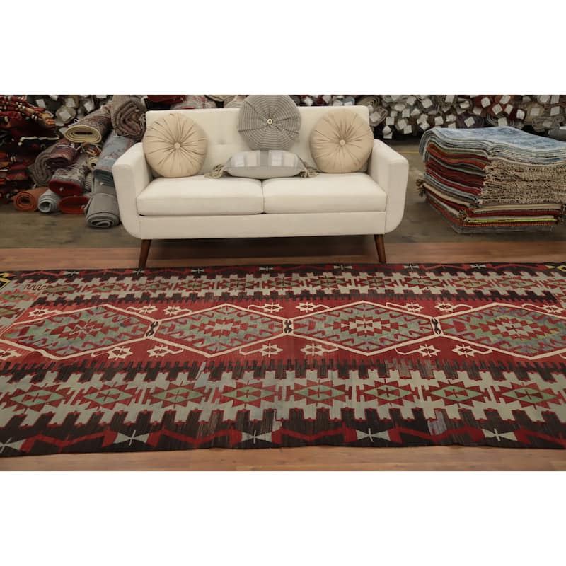Hand Woven Oriental 100% Wool Carpet Southwestern Tribal Oranges & Rust Kilim Area Rug - 11' 3'' X 5' 8''