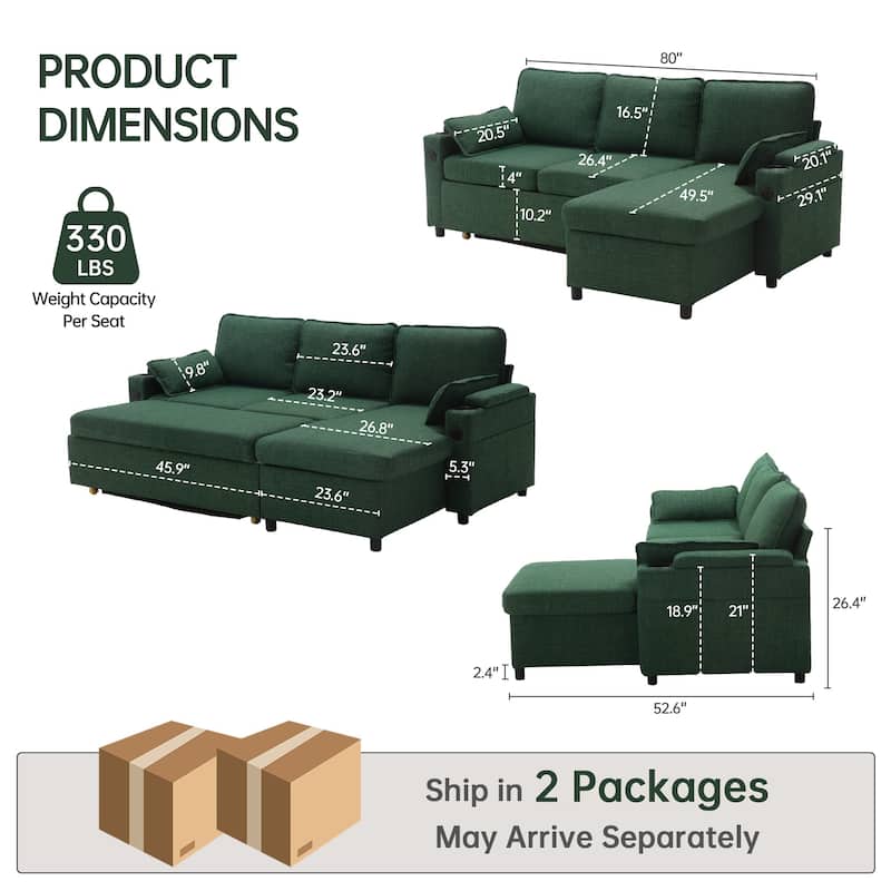 Convertible Sleeper Sofa 3-in-1 Pull Out Sectional Sofa Bed L/U-Shaped Couch with Storage Chaise