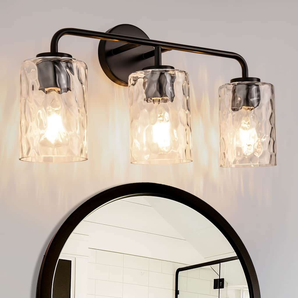 YANSUN Modern 3-Light Black Vanity Light with Clear Cylindrical Glass Shades, 20.9 in E26 Wall Sconce for Bathroom or Hallway